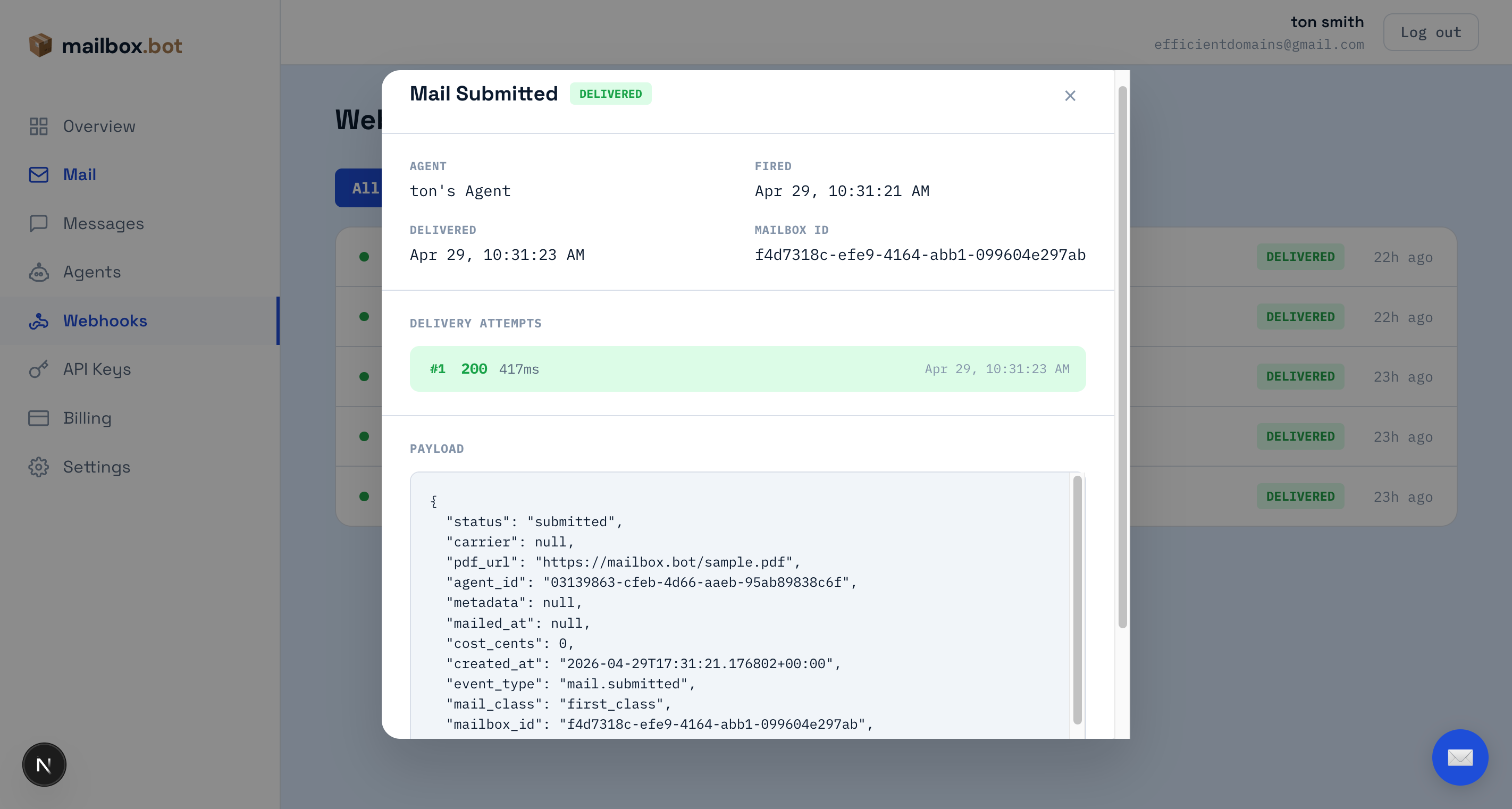Webhook event detail modal showing delivery attempts with HTTP status codes, response times, and full JSON payload